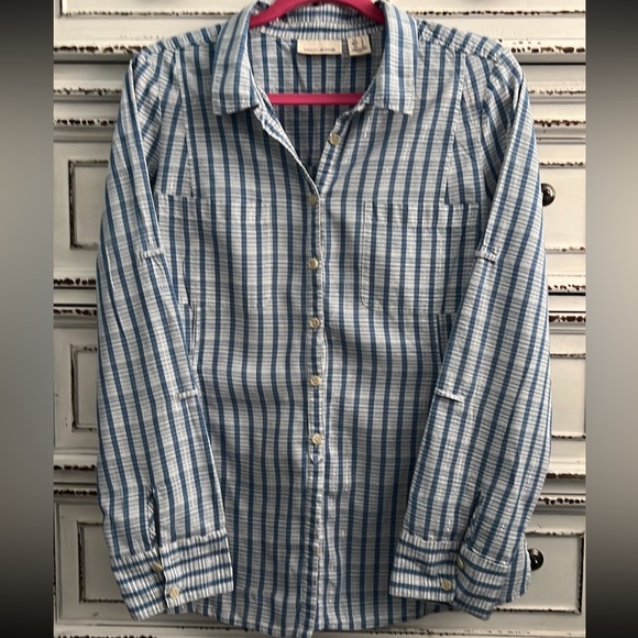 DKNY long sleeve button tan light weight button down with elastic waist size L - Picture 9 of 15